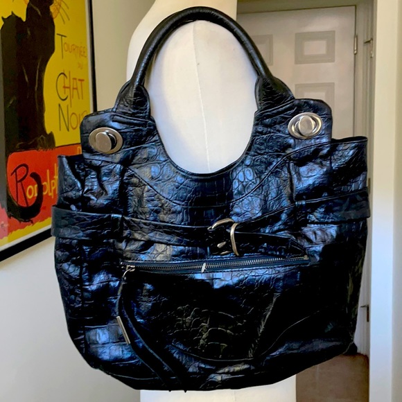 Foley + Corinna Handbags - Foley + Corinna Black Leather Mock Croc Jet Set Bag 😘